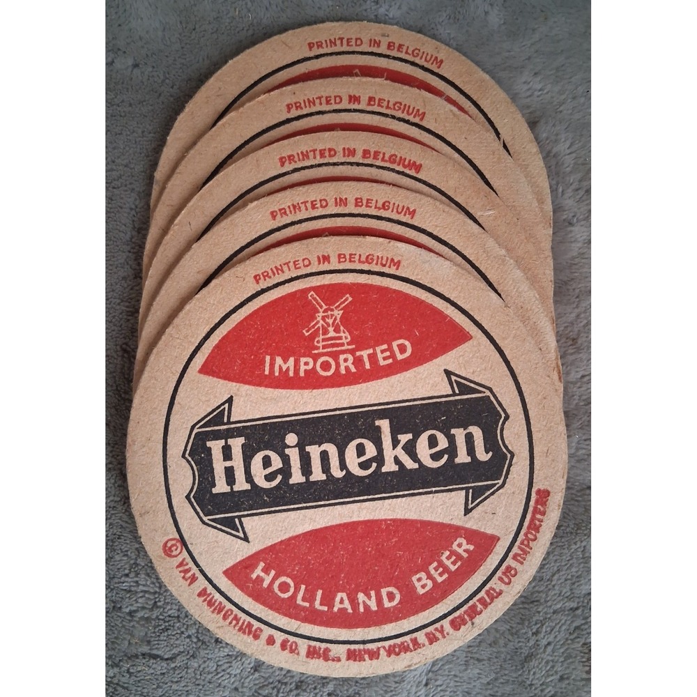 Lot of 5 Vtg Heineken Beer Coasters 4.25" Round Cardboard Van Munching Import